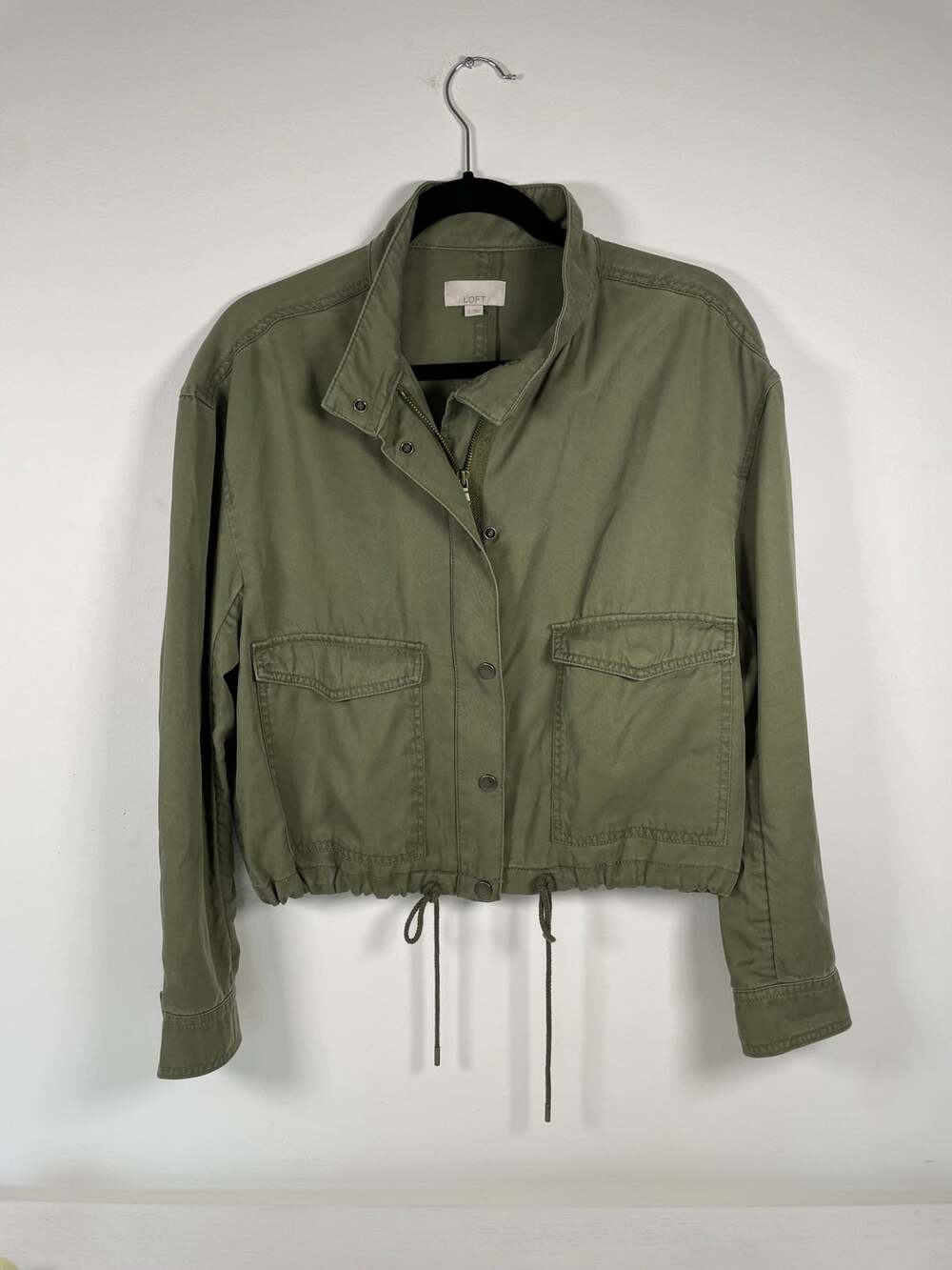 LOFT Olive Green Cropped Twill Utility Jacket with Drawstring